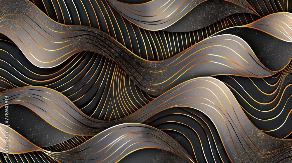 Poster Abstract black and gold background with dynamic wavy lines creating a visually interesting pattern