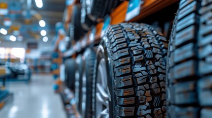 Car Tires on Display in Tire Shop, Automotive Selection, Blurred Background