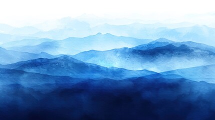 A painting depicting a range of blue-colored mountains under a clear sky