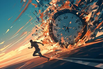 A runner running towards the clock, with an explosion of time on his back and a road in front of him. The scene conveys determination to meet challenges or monitor times