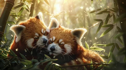 Zelfklevend Fotobehang Red pandas playfully wrestling in bamboo forest under dappled sunlight, creating vibrant scene © RECARTFRAME CH