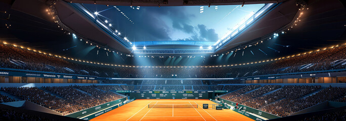 Professional tennis court, stadion, arena with dramatic steam or smoke. Sport lifestyle background. Copy space. Mockup or banner for sports competitions. Generative ai - obrazy, fototapety, plakaty