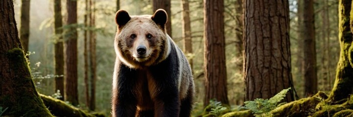 Fototapeta premium Brown bear in the woods, big wild animal in the lush green forest. walking and sitting in the jungle. made with generative AI technology. 