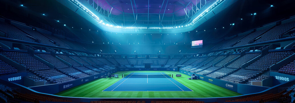 Professional tennis cort, stadion, arena. An aerial view.  3d scene. Sport lifestyle background. Copy space. Top view. Mockup or banner for sports competitions. Generative ai