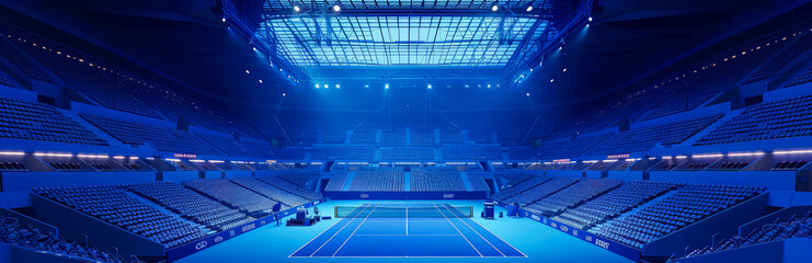 Professional tennis court, stadion, arena with dramatic steam or smoke. Sport lifestyle background. Copy space. Mockup or banner for sports competitions. Generative ai