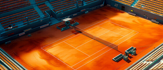 Professional tennis cort, stadion, arena. An aerial view.  3d scene. Sport lifestyle background. Copy space. Top view. Mockup or banner for sports competitions. Generative ai