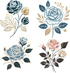 Collection of detailed rose flowers, in blue, pink, black and gold colour, 