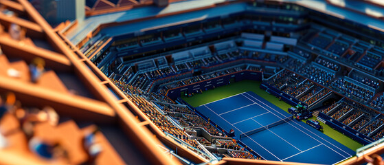 Professional tennis cort, stadion, arena. An aerial view.  3d scene. Sport lifestyle background. Copy space. Top view. Mockup or banner for sports competitions. Generative ai - obrazy, fototapety, plakaty