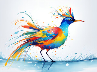 Obraz premium A bird composed of colored particles and lines, bird of paradise posing in various postures in colorful water, and an abstract painting composed of colored line backgrounds