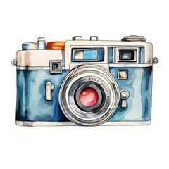 Compact camera with neck strap watercolor style, illustration.