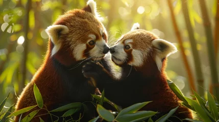 Fototapeten Vivid depiction of red pandas frolicking in bamboo forest under dappled sunlight © RECARTFRAME CH