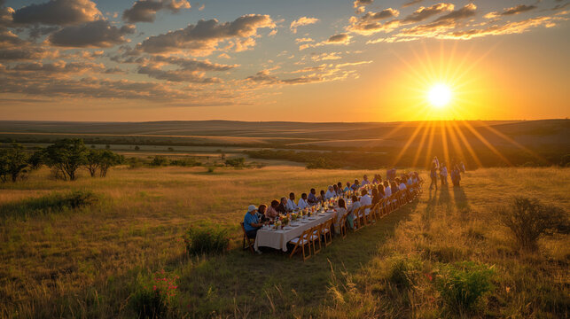 Scenic Outdoor Dinner at Sunset with People Enjoying Countryside View