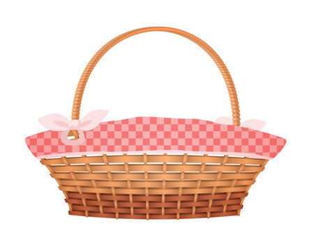 3D wicker basket with pink ribbon bow on handle, fabric inside vector illustration
