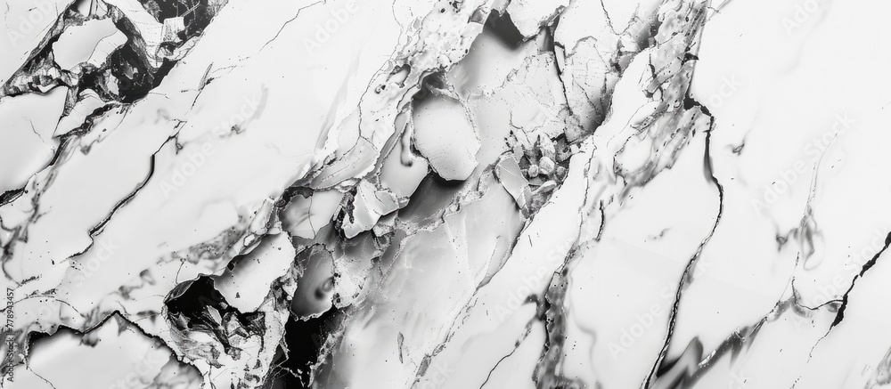 Poster detailed view of a black and white marble slab with visible cracks running through its surface