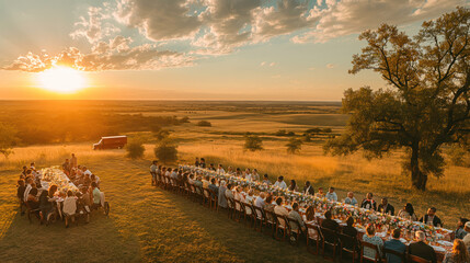 Obraz premium Golden Hour Outdoor Wedding Reception with Picturesque Landscape