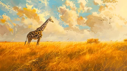 Fototapeten Giraffe in the Wild - Serene Savanna Scene - African Wildlife - Golden Grasslands  © Ziyan