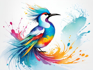 A bird composed of colored particles and lines,   bird of paradise posing in various postures in colorful water, and an abstract painting composed of colored line backgrounds