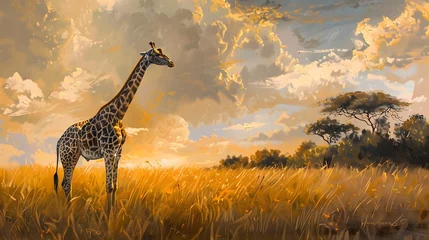 Fototapeten Giraffe in the Wild - Serene Savanna Scene - African Wildlife - Golden Grasslands  © Ziyan