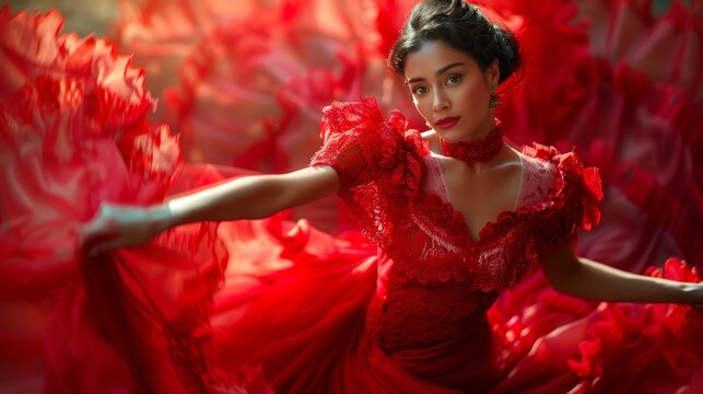 Vibrant flamenco dancer twirling in red dress with dramatic lighting and intricate lace details