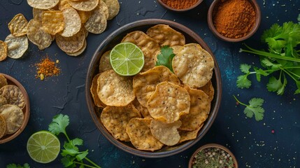 product photography of A bowl full of mountain cracker valerian, on the table there is also some lime and coriander leaves