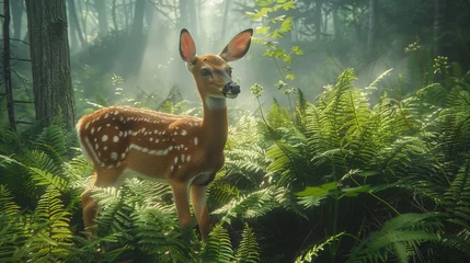 Fototapeten Serene forest with detailed deer among ferns, mist, and sunbeam, showcasing rich colors © RECARTFRAME CH