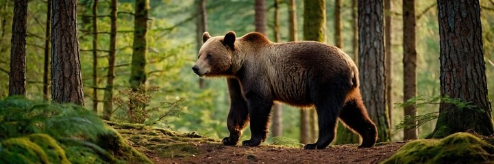Brown bear in the woods, big wild animal in the lush green forest. walking and sitting in the jungle. made with generative AI technology. 