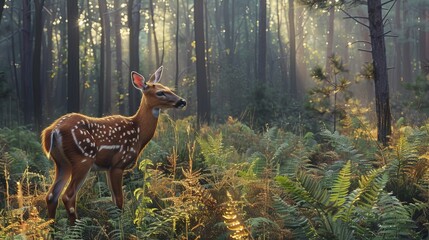 Enchanting forest  realistic deer photo in misty morning light with rich wildlife colors