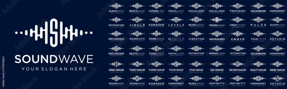 Poster abstract logos combined audio element with letters from a to z and numbers from 1 to 9. vector illus