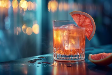 Sophisticated Mezcal cocktail with a smoky edge, served in an elegant glass with a grapefruit twist, against a backdrop of dim, ambient lighting - obrazy, fototapety, plakaty