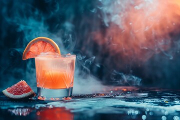 Sophisticated Mezcal cocktail with a smoky edge, served in an elegant glass with a grapefruit twist, against a backdrop of dim, ambient lighting