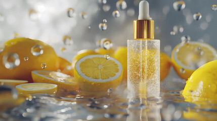 Serum and cosmetics with vitamin C. Essential oil from citrus fruits in a bottle of lemon liquid