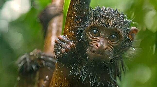 drenched monkey in a tree