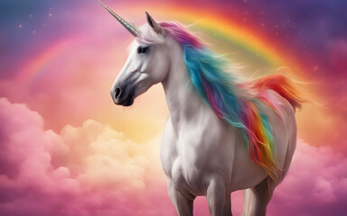 Portrait of unicorn on rainbow sky background with copy space