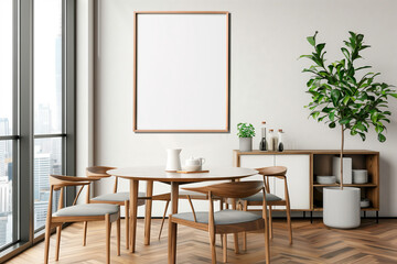 Fototapeta premium A modern dining area with mid-century chairs and a round table, set against a large window overlooking the cityscape, complemented by a tall potted plant and sideboard with decorative items