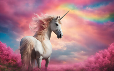Obraz na płótnie Canvas Portrait of unicorn on rainbow sky background with copy space