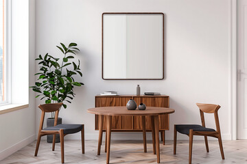 Cozy Modern Dining Area with Natural Elements. Inviting modern dining area featuring wooden furniture, a lush potted plant, and herringbone floor, in a bright space.