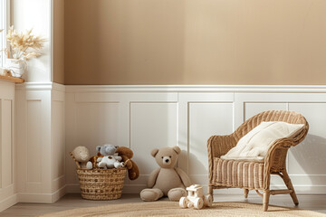 Warm Cozy Nursery Room Corner with Teddy Bears. Sunlit nursery corner with wicker chair, soft teddy bears, and wooden toys, creating a warm, inviting atmosphere.