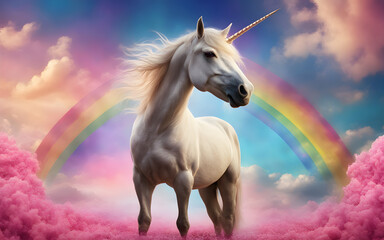Obraz na płótnie Canvas Portrait of unicorn on rainbow sky background with copy space