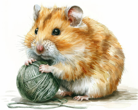 Hamster Rolling A Yarn Ball, Watercolor Clipart, Isolated On White, Playful