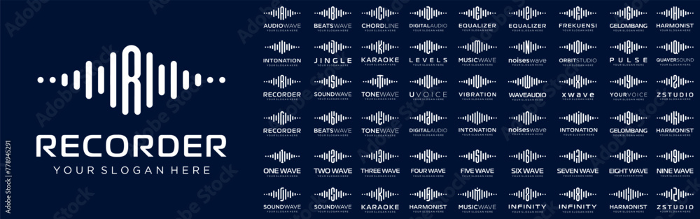 Poster abstract logos combined audio element with letters from a to z and numbers from 1 to 9. vector illus
