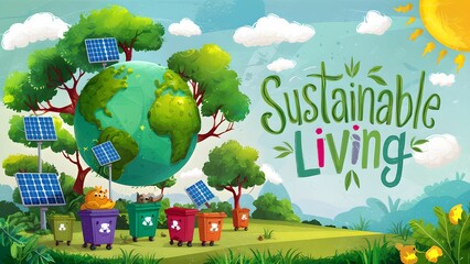 Naklejka premium Sustainable Living: Vibrant Eco-Friendly World Illustration