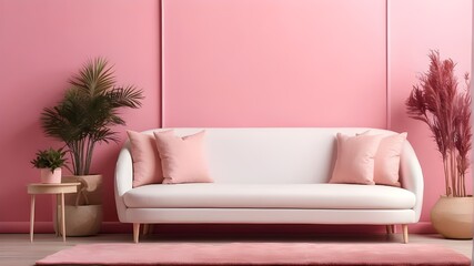 Fototapeta na wymiar Valentine's Day mockup frame featuring a white sofa set against a pink wall.