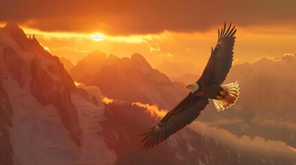 Majestic Bald Eagle in Flight - Mountain Wilderness - Sunset Freedom - obrazy, fototapety, plakaty