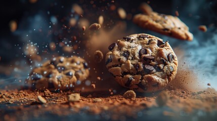 Fototapeta premium Explosion de cookies au chocolat en gros plan