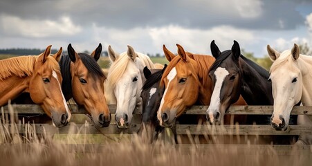 
lineup of horses - horses putting their heads together - equestrian group - horses on a field behind a fence  - obrazy, fototapety, plakaty