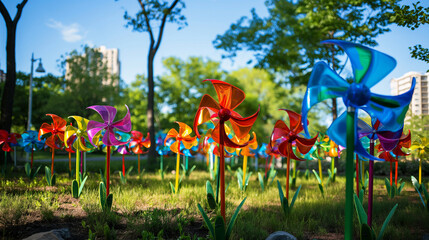 Colorful garden pinwheels in a park, joyful outdoor decoration concept. - obrazy, fototapety, plakaty