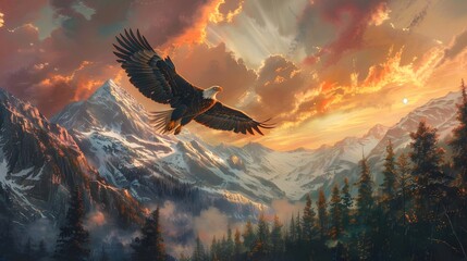 Majestic Bald Eagle in Flight - Mountain Wilderness - Sunset Freedom - obrazy, fototapety, plakaty