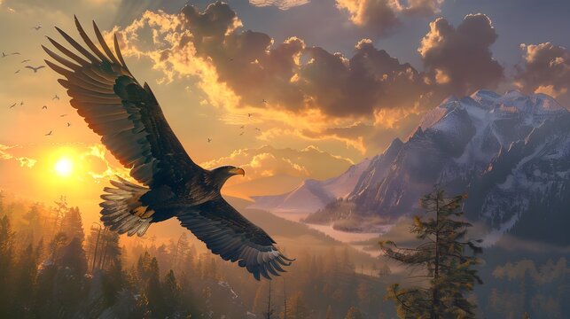 Majestic Bald Eagle in Flight - Mountain Wilderness - Sunset Freedom