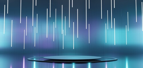 Circular podium, curved stage, laser beam, neon colors, 3D illustration