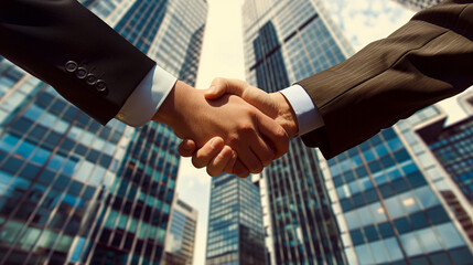 Handshaking of two businessmen, skyscraper office background.